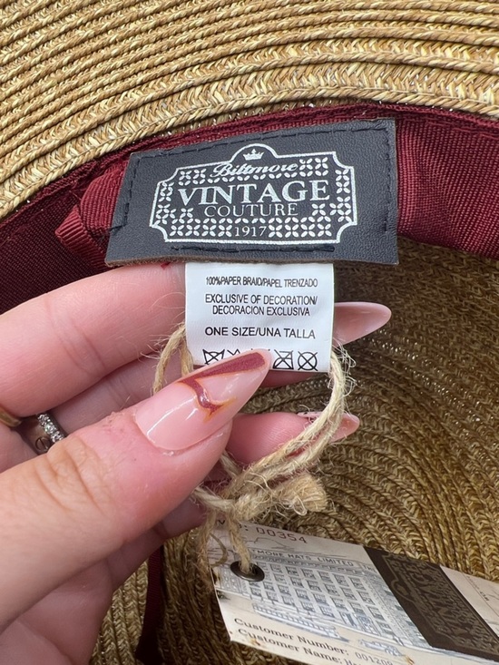345. NWT. Vintage Couture Woven Straw Sun Hat with Feather Accent - Natural main image 7